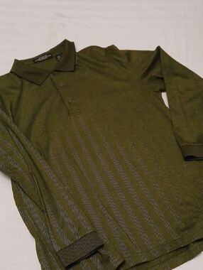 Men's Olive Green Long-Sleeve Polo with Subtle Stripe Texture XL